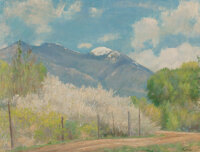 Bert Geer Phillips (American, 1868-1956) Taos Mountains and Wild Plum Blossoms Oil on panel 18 x 24 inches (45.7 x 61.0...