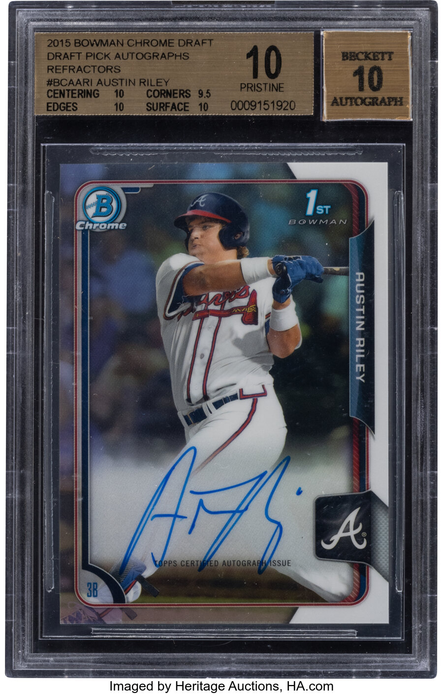 2015 Bowman Chrome Draft Picks Austin Riley (Autograph - Refractor) #BCA-ARI BGS Pristine 10, Auto 10