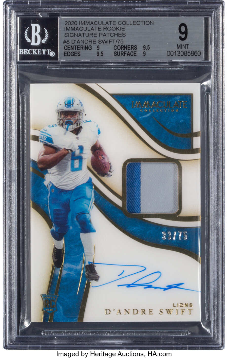 2020 Panini Immaculate Collection D'Andre Swift (Rookie Immaculate Signature Patch) #ISP8 BGS Mint 9, Auto 9 - #'d 33/75