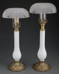 A Pair of French Brass and Opaline Glass Table Lamps 18-3/4 x 8 x 8 inches (47.6 x 20.3 x 20.3 cm)  Property from the C...
