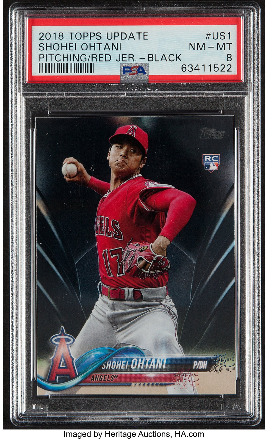 2018 Topps Update Shohei Ohtani (Pitching in Red Jersey - Black) Rookie #US1 PSA NM-MT 8 - #'d 12/67