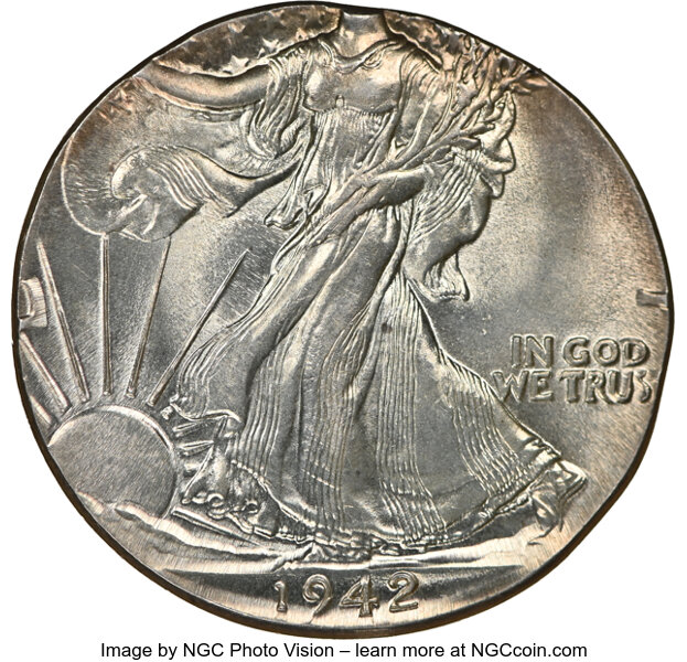 Errors, 1942-? 50C Walking Liberty Half Dollar -- Struck on a Washington Quarter Planchet -- MS64 NGC. 6.2 grams. A planchet intend...