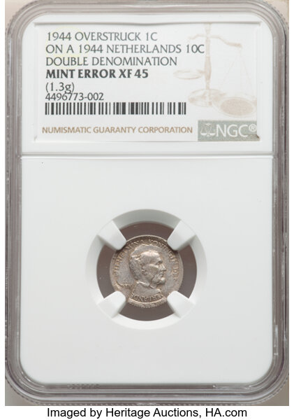 Errors, 1944 1C Lincoln Cent -- Overstruck on a 1944 Netherlands 10C, Doubled Denomination -- XF45 NGC. (1.3 grams)....