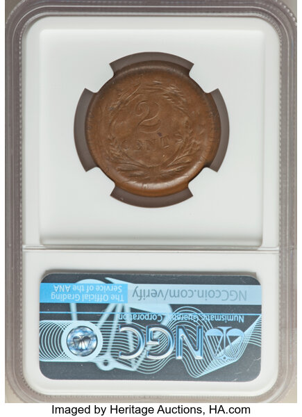 Errors, 1864 2C Two Cent Piece, Large Motto -- Obverse Capped Die -- MS65 Brown NGC. The first strike was normal, except the ...