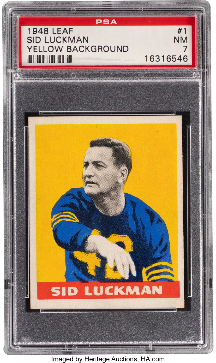 1948 Leaf Sid Luckman (Yellow Background) Rookie #1 PSA NM 7