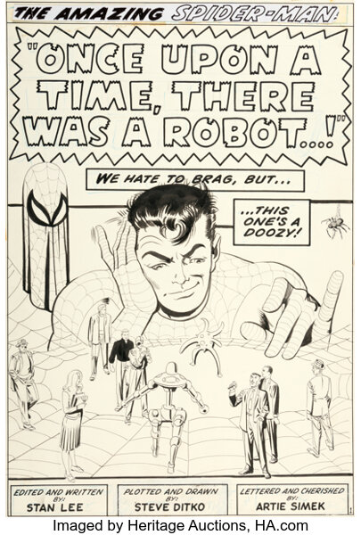 Arte em Quadrinhos Original: Páginas de Respingo, Steve Ditko Incrível Homem-Aranha #37 Respingo Página 1 Norman Osborn e Gwen Stacy Arte Original (Marvel, 1966)....