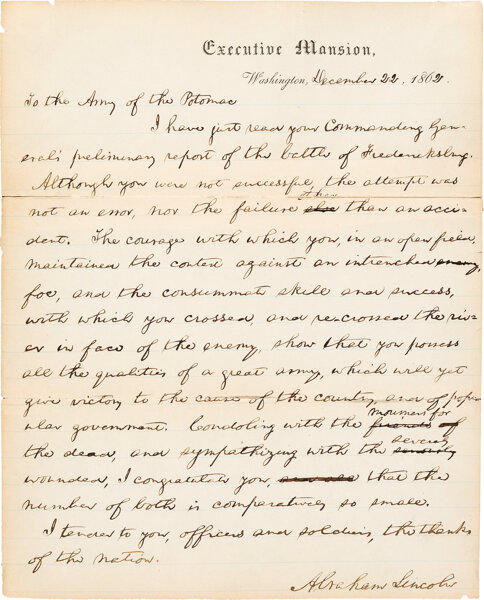 Autographs:U.S. Presidents, Abraham Lincoln: The President writes to the Army of the Potomac after the Union Defeat at the Battle of Fredericksburg.