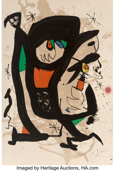 Prints & Multiples, Joan Miro (1893-1983). Young Artists, 1973. Lithograph in colors on wove paper. 35-1/2 x 24-1/8 inch...