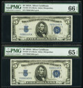 Fr. 1651 $5 1934A Silver Certificates. Two Consecutive Examples. PMG Gem Uncirculated 66 EPQ; Gem Uncirculated 65 EPQ...