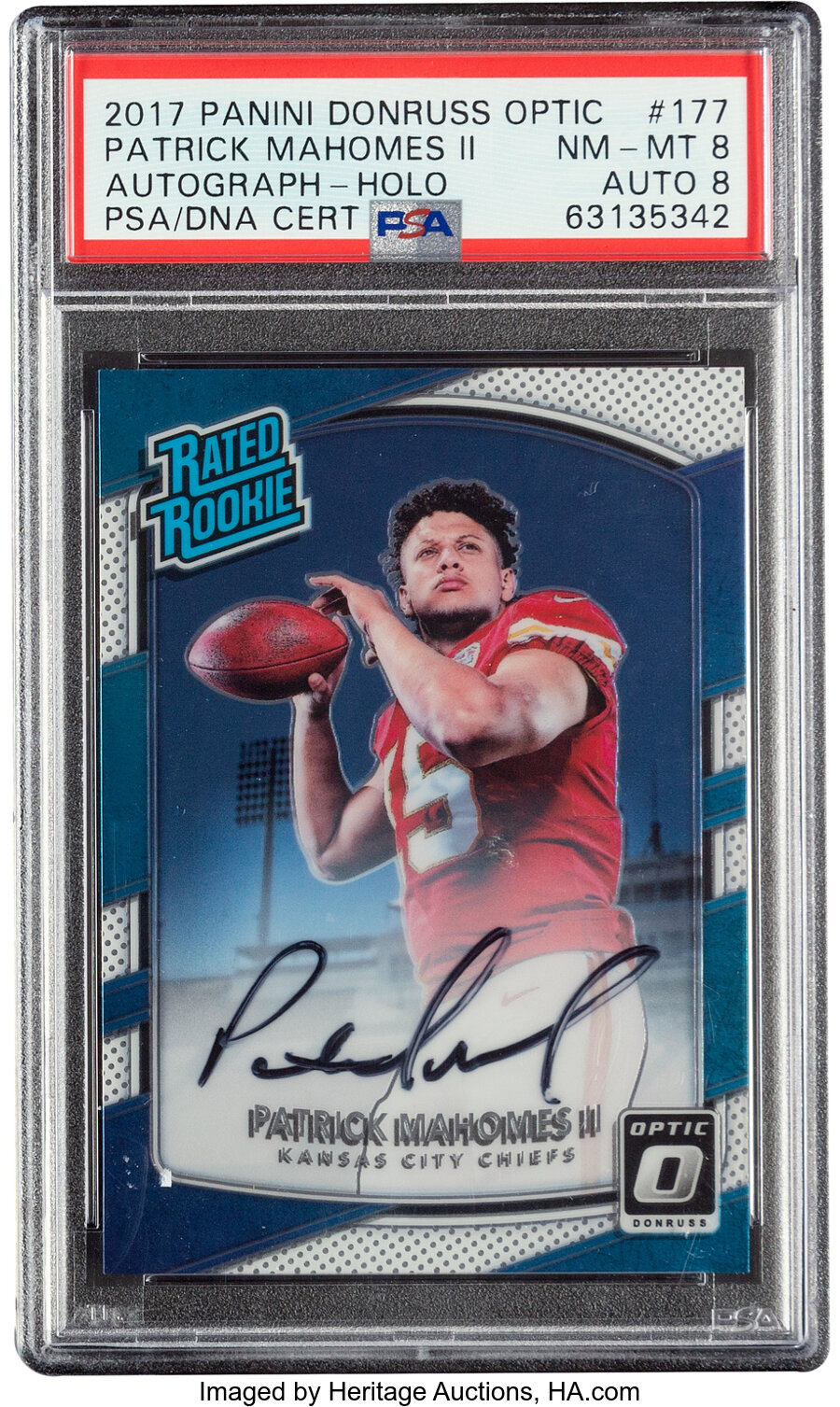 2017 Panini Donruss Optic Patrick Mahomes II (Rated Rookie Autograph) #177 PSA NM-MT 8, Auto 8 - #'d 65/150