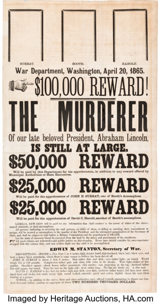 Political:Posters & Broadsides (pre-1896), [Abraham Lincoln Assassination] John Wilkes Booth: $100,000 Reward Poster issued by the U.S. War Department, April 20, 1865. ...