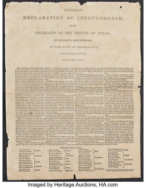 Obsoletes By State:Texas, (Washington-on-the-Brazos), TX- (Texas) Declaration of Independence Broadside Forgery Mar. 2, 1836 Streeter 165 Very Fine.