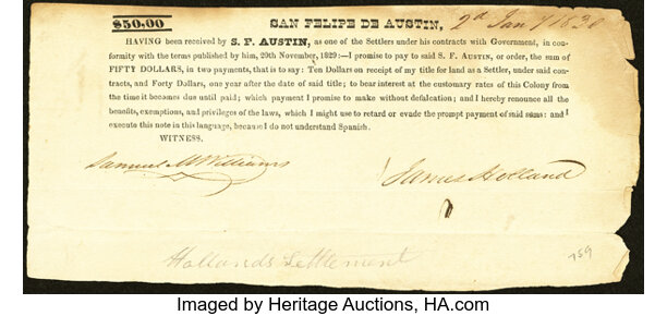 Obsoletes By State:Texas, San Felipe de Austin, TX- S(tephen) F. Austin $50 Receipt Jan. 2, 1830 Olson 30 Extremely Fine.. ...