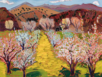 Alyce Frank (American, b. 1932) Budding Orchard with a Yellow Path Oil on canvas 30 x 40 inches (76.2 x 101.6 cm) Signed...