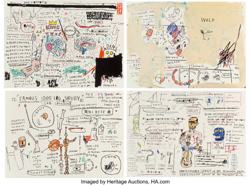 Prints & Multiples, Jean-Michel Basquiat (1960-1988). Wolf Sausage, King Brand, Dog Leg
Study and Undiscovered Genius, 1982-83/2019. Four sc...