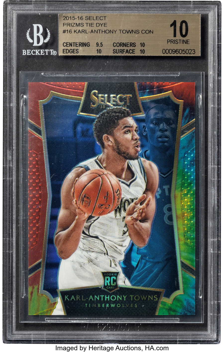 2015 Panini Select Karl-Anthony Towns (Tie-Dye Prizms) Rookie #16 BGS Pristine 10 - #'d 9/25