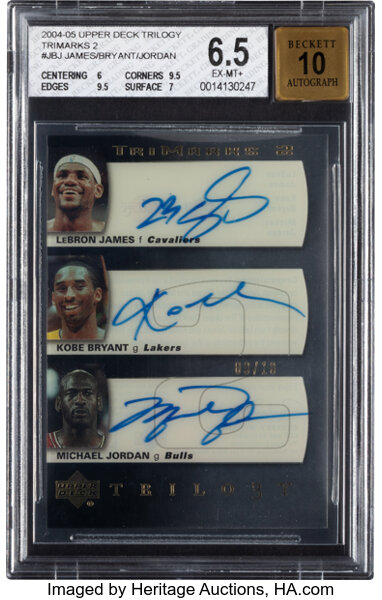 Basketball Cards:Singles (1980-Now), 2004 Upper Deck Trilogy LeBron James, Kobe Bryant, Michael Jordan (Trimarks 2) #TM-JBJ BGS EX-MT+ 6.5, Auto 10 - #'d 9/10. ...