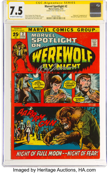 Bronze Age (1970-1979):Superhero, Marvel Spotlight #2 Werewolf by Night - Signature Series: Roy Thomas (Marvel, 1972) CGC VF- 7.5 Off-white to white pages....