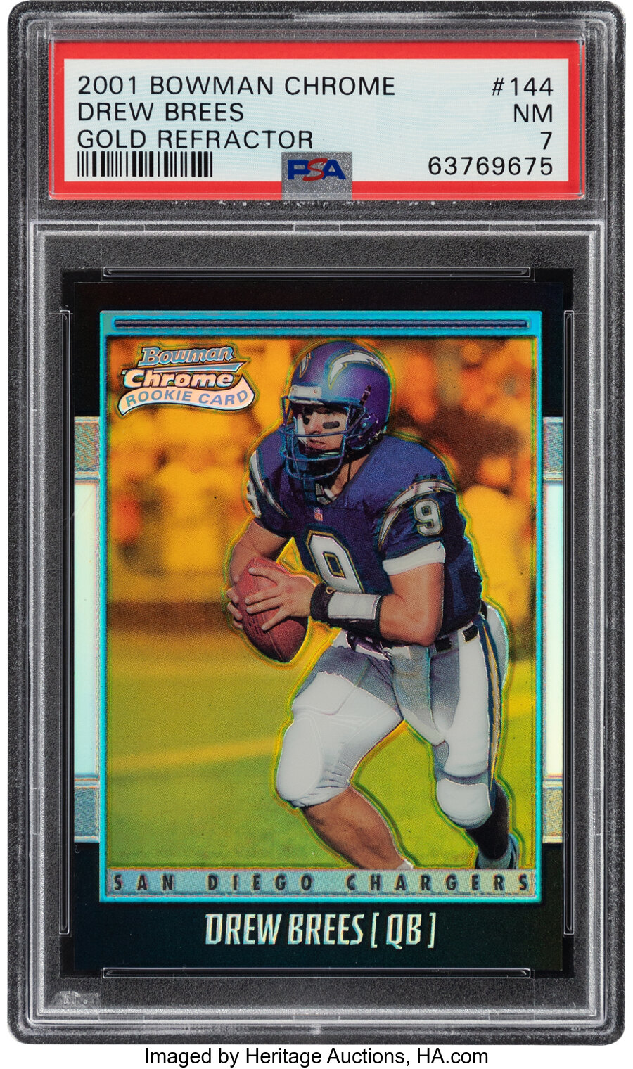 2001 Bowman Chrome Drew Brees (Gold Refractor) Rookie #144 PSA NM 7 - #'d 43/99