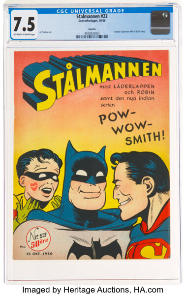 Golden Age (1938-1955):Superhero, Stålmannen #23 Superman, Batman, and Robin Swedish Edition (Centerforlaget, 1950) CGC VF- 7.5 Off-white to white pages....