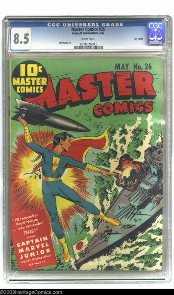 Golden Age (1938-1955):Superhero, Master Comics #26 Lost Valley pedigree (Fawcett, 1942) CGC VF+ 8.5 White pages. The cover of this issue illustrates nicely w...