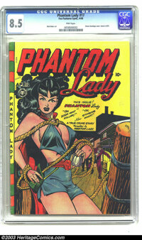 Phantom Lady #17 (Fox, 1948) CGC VF+ 8.5 Pink pages. This classic Matt Baker bondage cover is on everybody's want list...