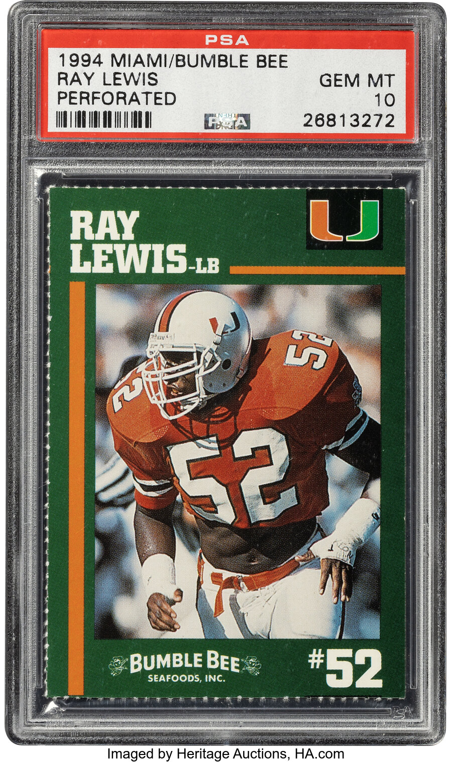 1994 Bumble Bee Miami Hurricanes Ray Lewis (Perforated) PSA Gem Mint 10