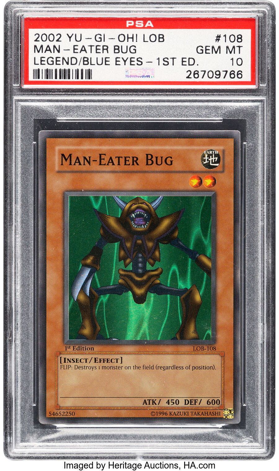 Yu-Gi-Oh! Man-Eater Bug 108 1st Edition Legend of Blue Eyes White Dragon PSA Trading Card Game GEM MT 10 (Konami, 2002)