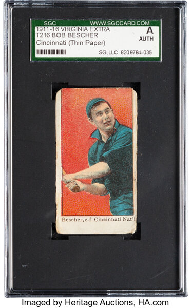 Baseball Cards:Singles (Pre-1930), 1911-16 T216 Virginia Extra Bob Bescher (Cincinnati-Thin Paper) SGC Authentic - The Only SGC Graded Example. ...