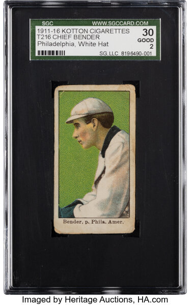 Baseball Cards:Singles (Pre-1930), 1911-16 T216 Kotton Cigarettes Chief Bender (Philadelphia-White Hat, Thin Paper) SGC 30 Good 2....