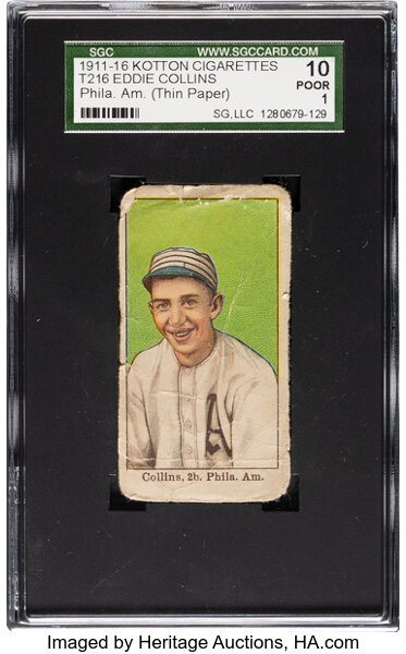 Baseball Cards:Singles (Pre-1930), 1911-16 T216 Kotton Cigarettes Eddie Collins (Phila. Am., Thin Paper) SGC 10 Poor 1. ...