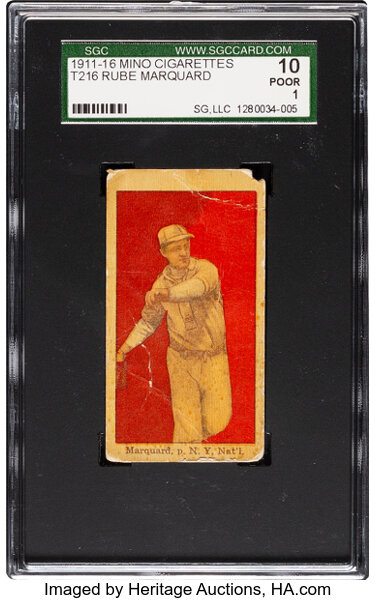 Baseball Cards:Singles (Pre-1930), 1911-16 T216 Mino Cigarettes Rube Marquard SGC 10 Poor 1. ...