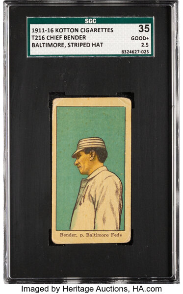 Baseball Cards:Singles (Pre-1930), 1911-16 T216 Kotton Cigarettes Chief Bender (Baltimore, Striped Hat) SGC 35 Good+ 2.5 - Very Low Total Pop....