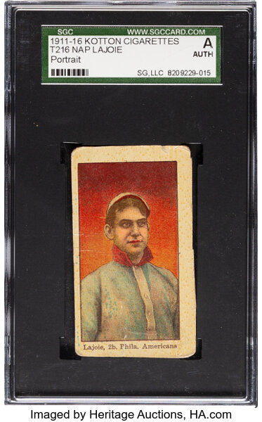 Baseball Cards:Singles (Pre-1930), 1911-16 T216 Kotton Cigarettes Napoleon Lajoie (Portrait) SGC Authentic - Only Four Confirmed Examples. ...