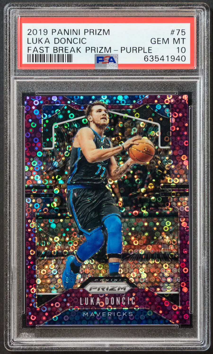 2019 Panini Prizm Luke Doncic (Fast Break Prizm - Purple) #75 PSA Gem Mint 10 - Serial #'d 50/75