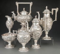 A Six-Piece S. Kirk & Son Coin Silver Repoussé Landscape Tea & Coffee Service, Baltimore, Maryland, 1828-...