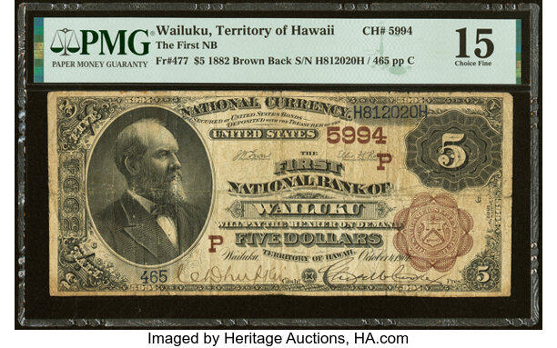National Bank Notes:Hawaii, Wailuku, HI - $5 1882 Brown Back Fr. 477 The First Nationa...