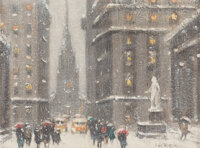 Guy Carleton Wiggins (American, 1883-1962) Old Trinity from Wall Street Oil on canvasboard 9 x 12 inches (22.9 x 30.5