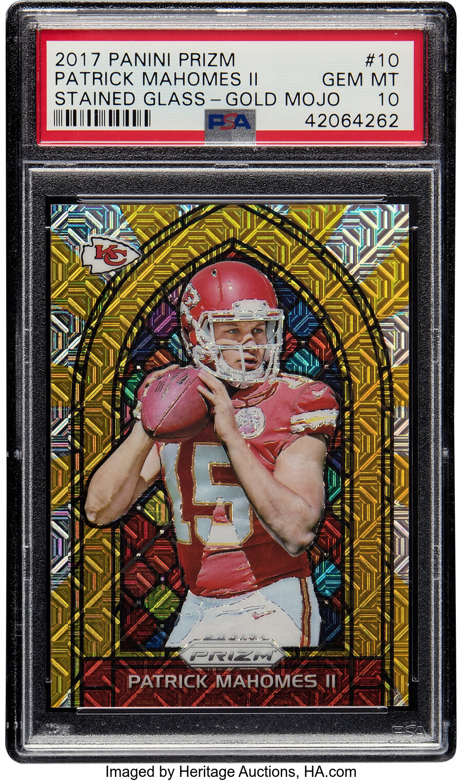 2017 Panini Prizm Patrick Mahomes II (Stained Glass-Gold Mojo) Rookie #10 PSA Gem Mint 10 - #'d 4/10 - Pop Two!