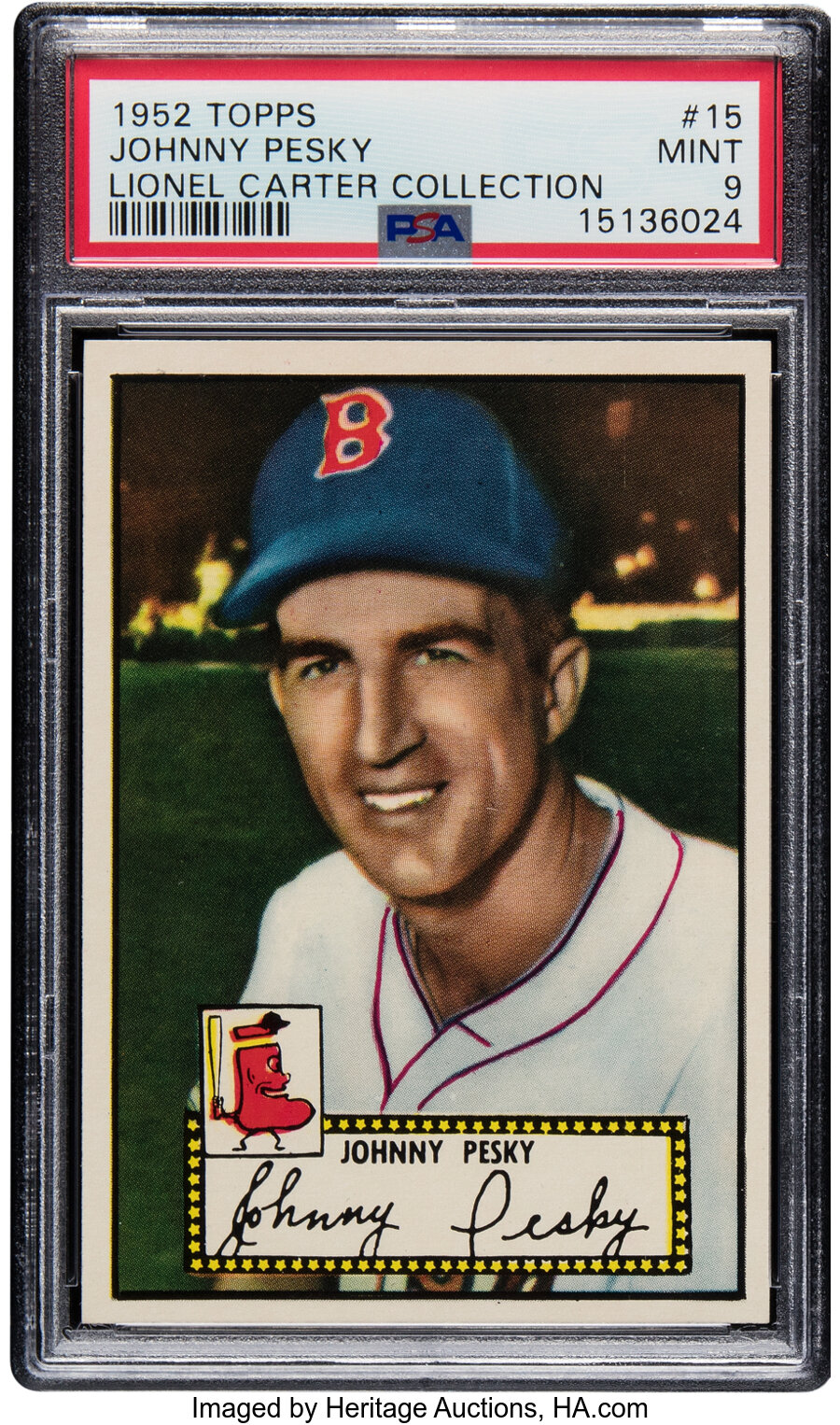 1952 Topps Johnny Pesky (Black Back) #15 PSA Mint 9 - Pop Four, None Superior! From the Lionel Carter Collection