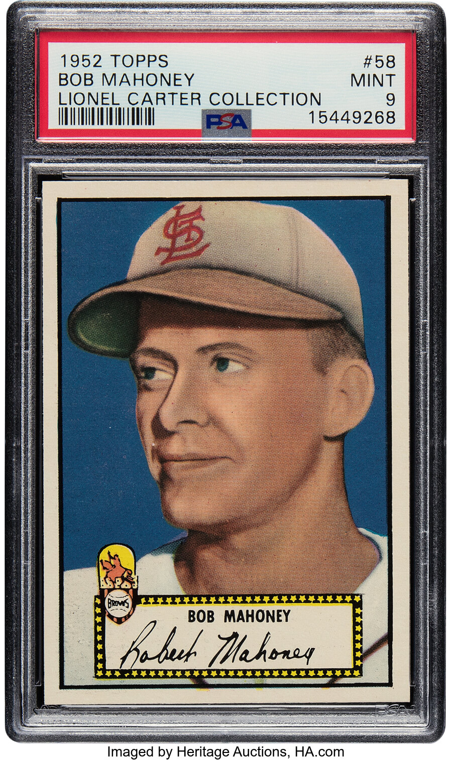1952 Topps Bob Mahoney (Black Back) Rookie #58 PSA Mint 9 - Pop Four, None Superior! From the Lionel Carter Collection