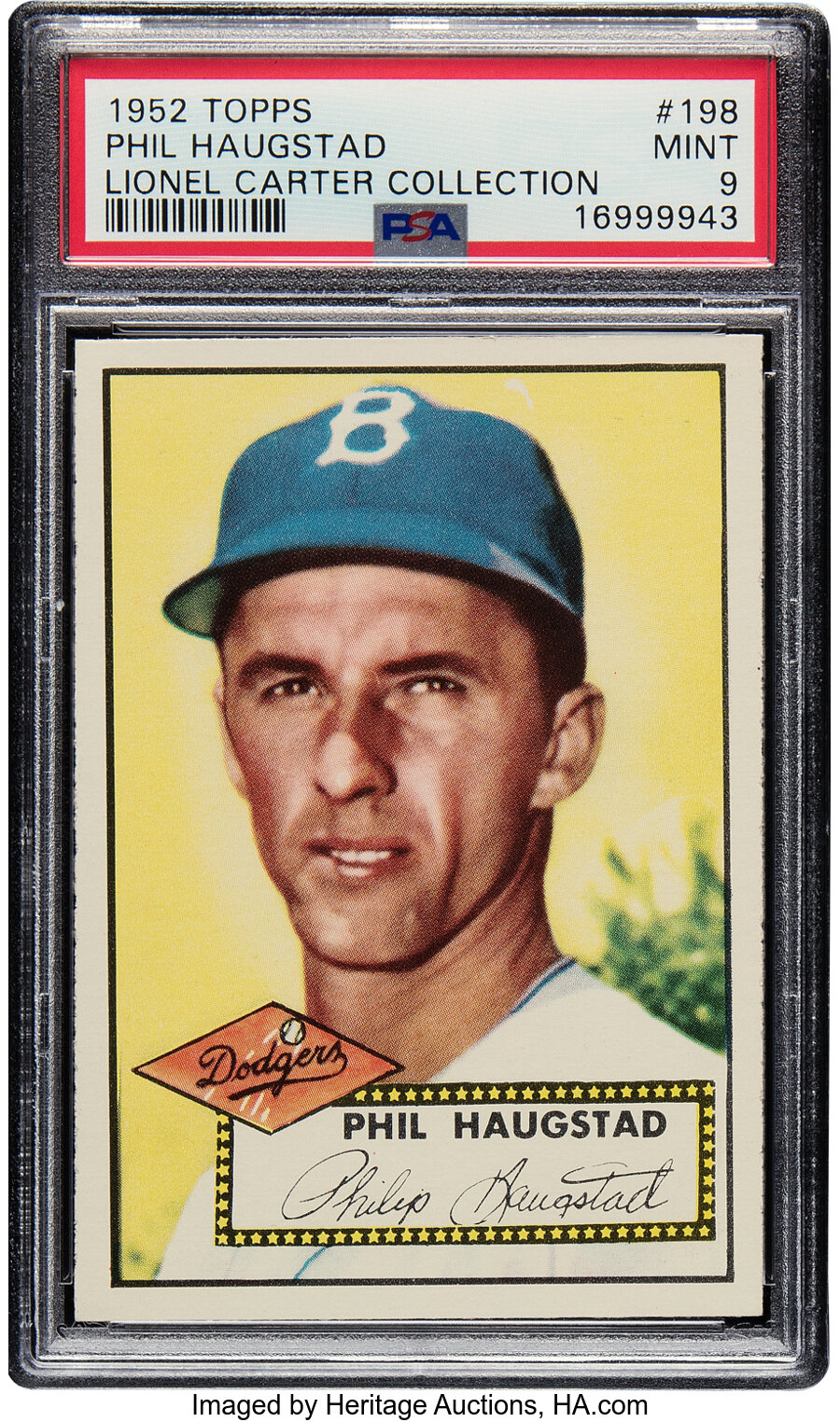 1952 Topps Phil Haugstad Rookie #198 PSA Mint 9 - Pop Five, None Superior! From the Lionel Carter Collection