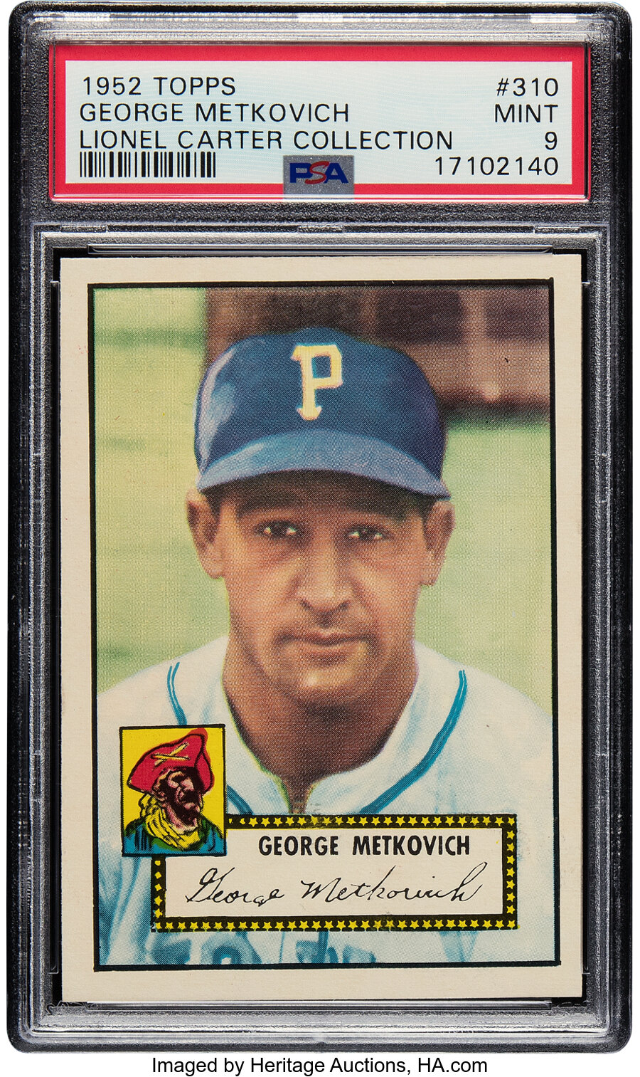 1952 Topps George Metkovich #310 PSA Mint 9 - Pop Four, None Superior! From the Lionel Carter Collection