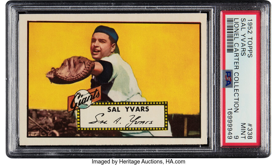 1952 Topps Sal Yvars Rookie #338 PSA Mint 9 - Pop Seven, None Superior! From the Lionel Carter Collection