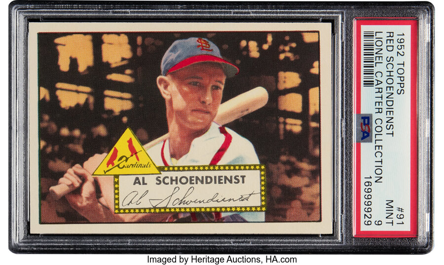 1952 Topps Red Schoendienst #91 PSA Mint 9 - Pop Four, None Superior! From the Lionel Carter Collection