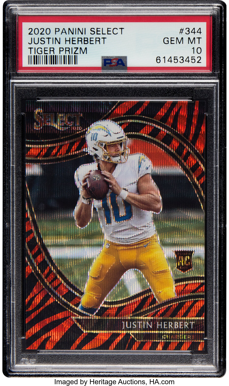 2020 Panini Select Justin Herbert (Field Level-Tiger Stripe Prizm) Rookie #344 PSA Gem Mint 10 - Pop Two!