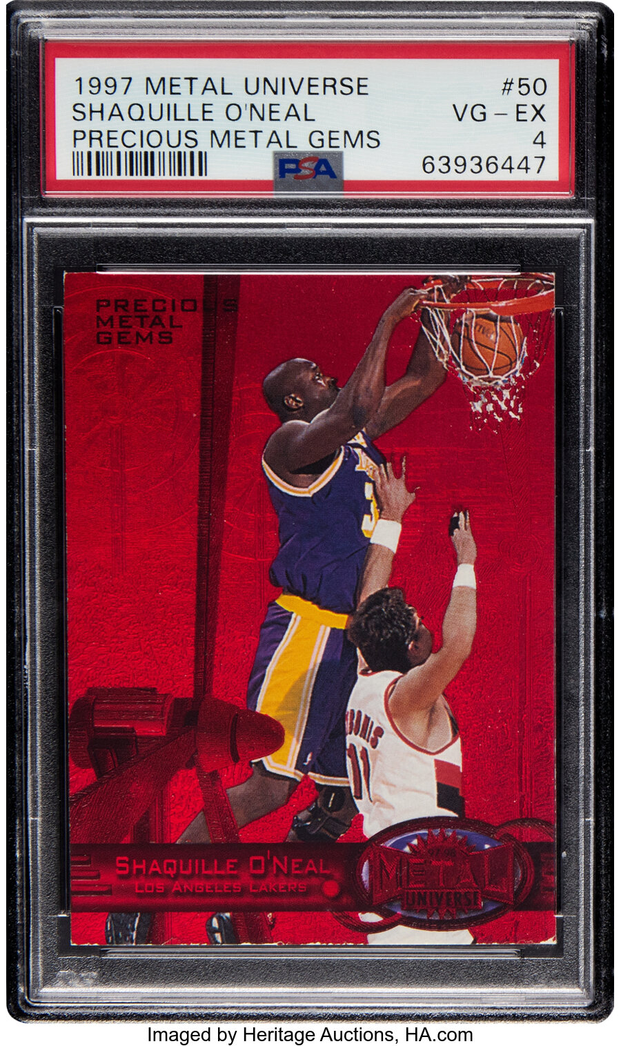 1997 Skybox Metal Universe Shaquille O'Neal (Precious Metal Gems-Ruby Red) #50 PSA VG-EX 4 - #'d 90/100