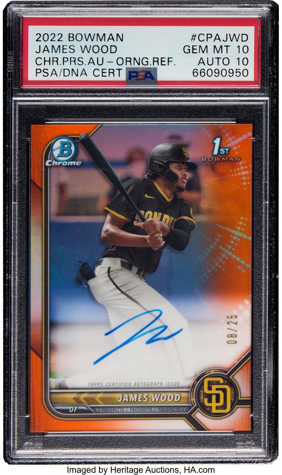 2022 Bowman James Wood (Chrome Prospect Autographs-Orange Refractor) #CPA-JWD PSA Gem Mint 10, PSA/DNA Auto 10 - #'d 8/25