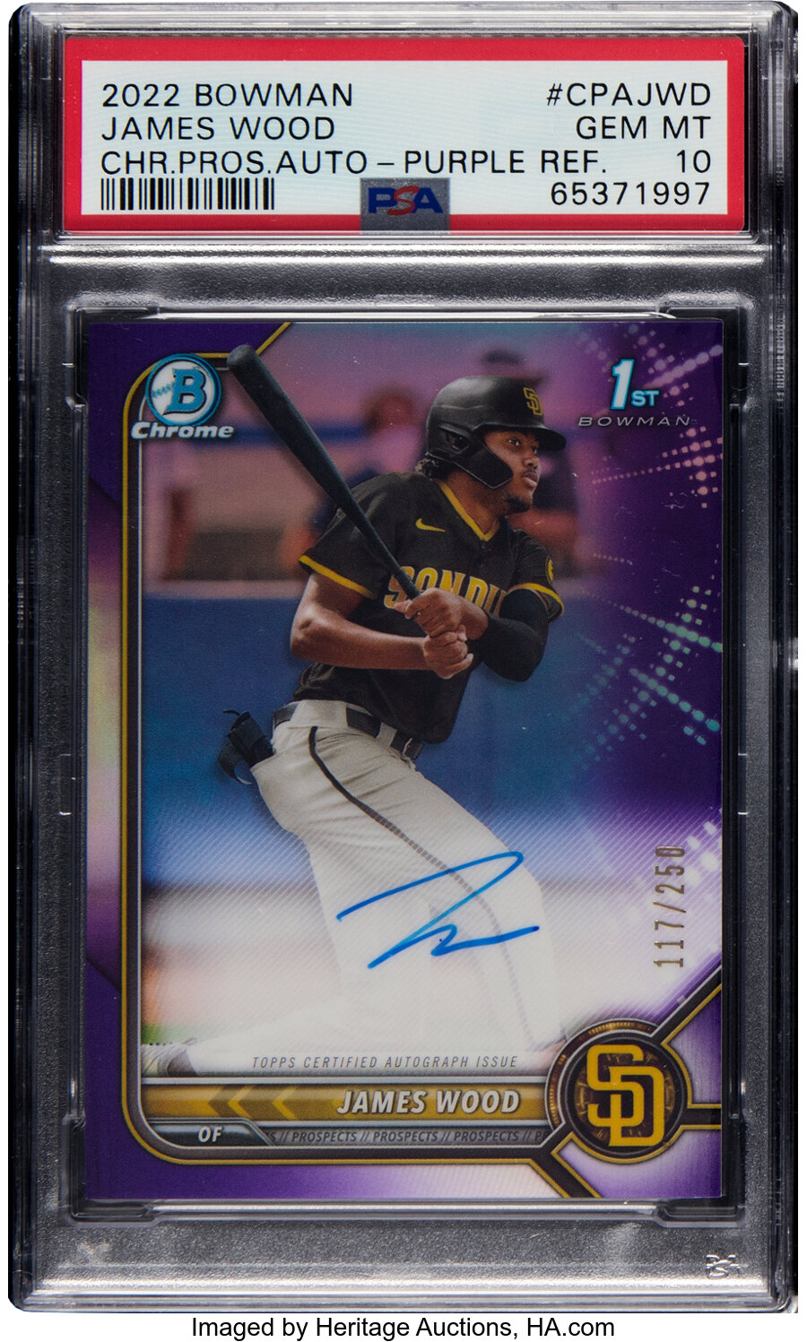 2022 Bowman James Wood (Chrome Prospect Autograph-Purple) #CPA-JWD PSA Gem Mint 10 - #'d 117/250