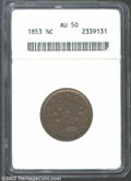 1853 1/2 C AU50 Brown ANACS. The current Coin Dealer Newsletter (Greysheet) wholesale "bid" price is $98.00...